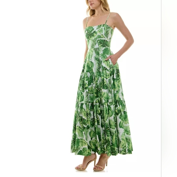 Taylor Green Leaf Pattern Maxi Dress Square Cotton Lined Smocked Back Size 10 L - Picture 9 of 9